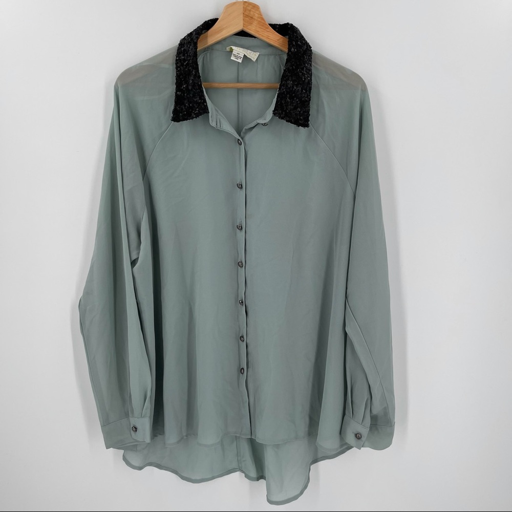 Forever 21 Plus Semi Sheer Blouse Sequin Collar 2X Button Down
